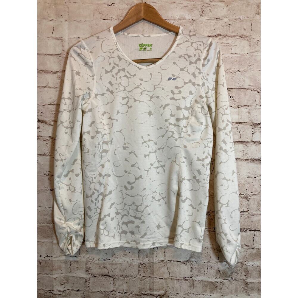 Koppen Top Womens Medium White Gray Athletic Top Geometric Long Sleeve Stretch